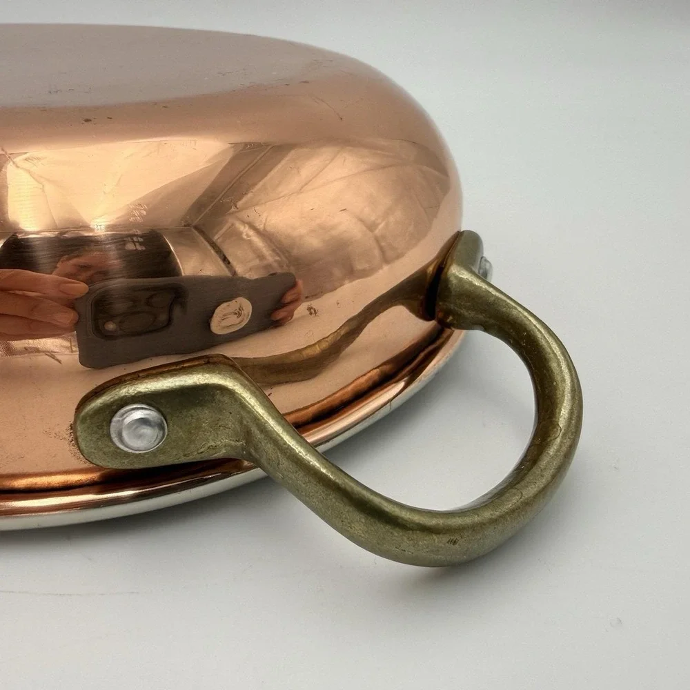 Vtg Copper Gratin Tin Lined Oval Pan Dish Cookware Brass Handles Wall Hanging